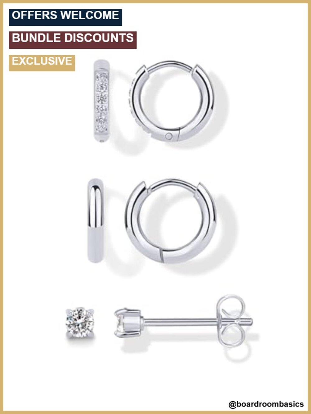 Huggie Hoop Earrings Set 3 Pairs Stainless Steel CZ Studs Waterproof
